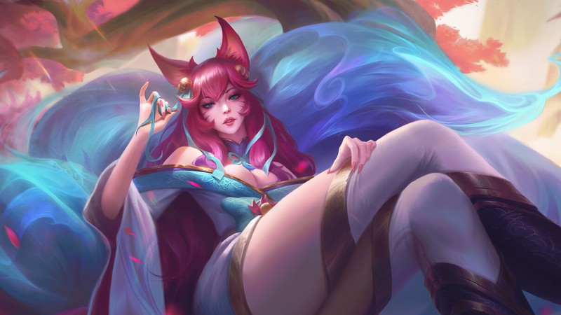 Женщина с красными волосами и рогами лежит (ахри, ahri, цветок духа, league of legends, lol)