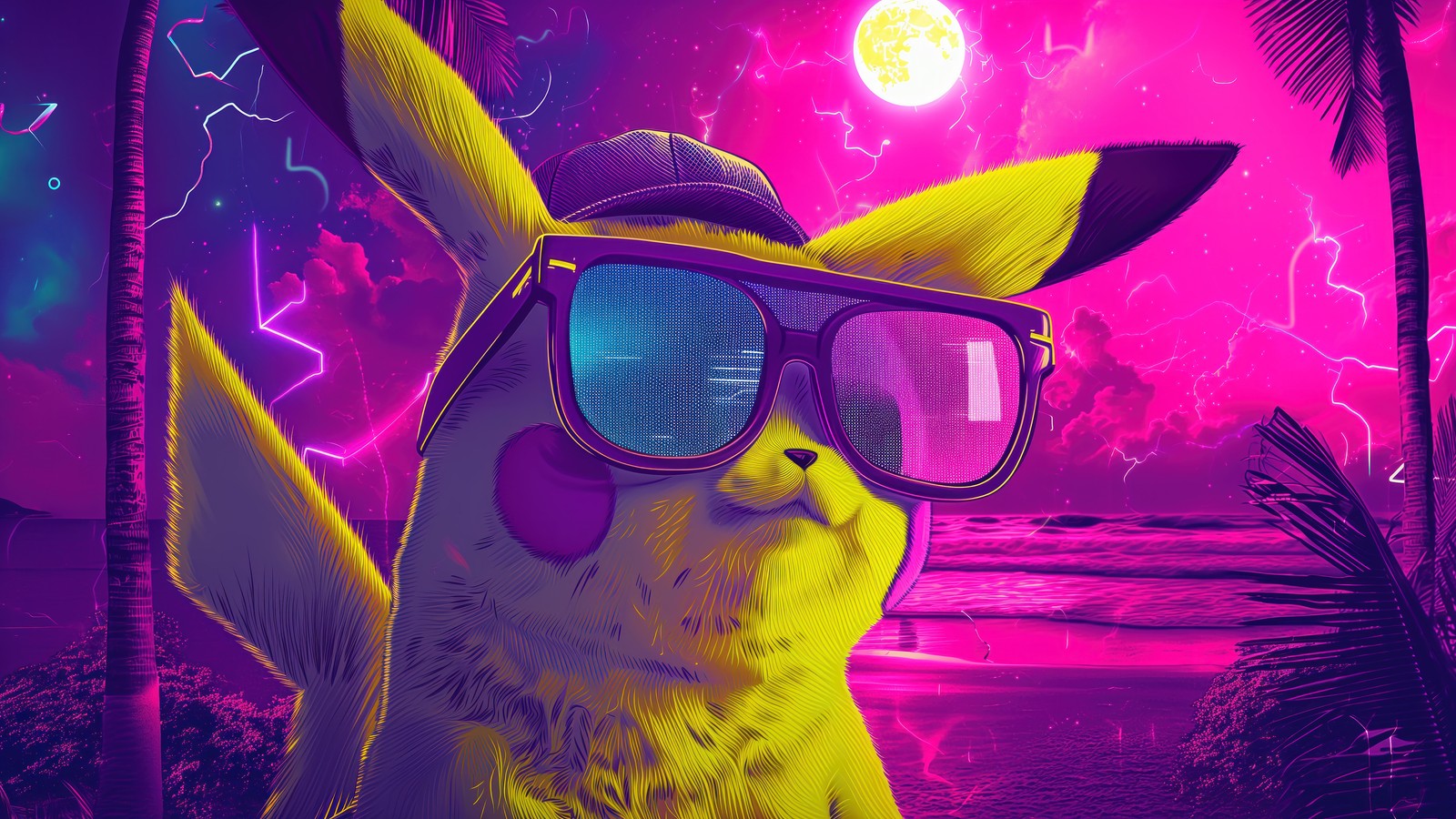 A close up of a pikachu wearing sunglasses and a hat (pikachu, pokemon, anime)