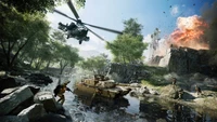 Escena de combate intensa con tanque y helicóptero de ataque en Battlefield 2042