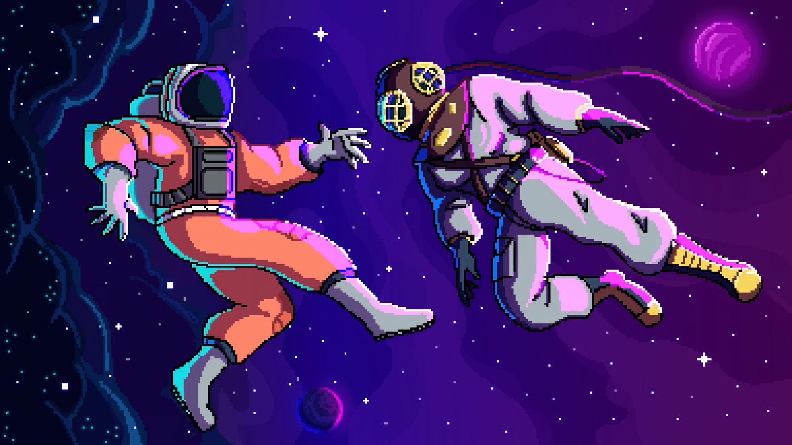 Dos astronautas en el espacio con un fondo púrpura (astronautas, arte pixel, ilustración, espacio, fondo de pantalla 4k)