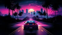 auto, outrun, synthwave, retrowave, stadt