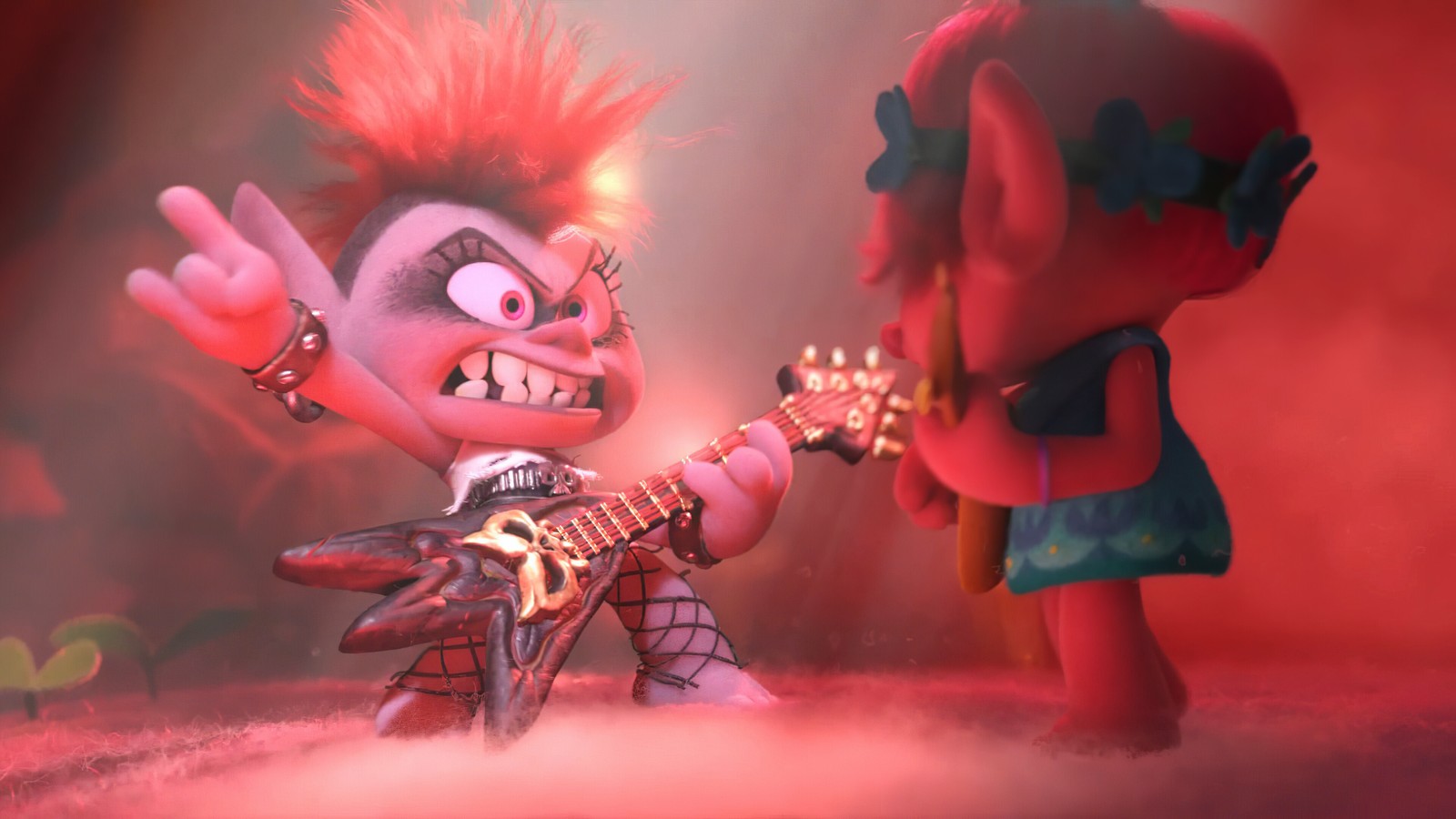 Nahaufnahme eines cartoon-charakters, der eine gitarre hält (trolls world tour, trolls 2, 2020, film, barb)