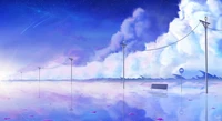 bus stop, street lights, cloudy sky, illustration, reflection wallpaper