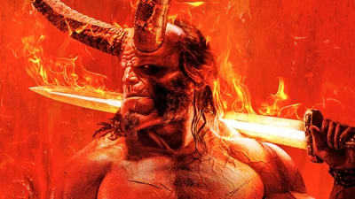 Hellboy brandissant une épée au milieu des flammes, incarnant une puissance féroce dans une atmosphère rouge frappante.