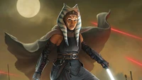 Ahsoka Tano está en posición con sus sables de luz, rodeada de un dramático cielo nocturno y llamativos láseres rojos.