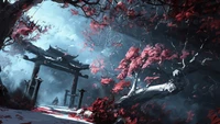 japanese, shrine gate, trees, digital art wallpaper