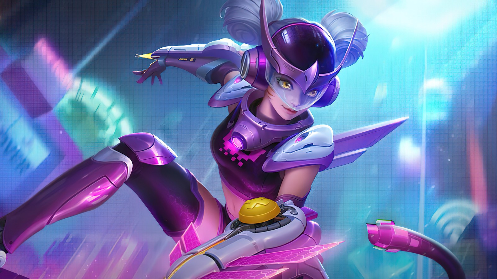 Un gros plan d'une femme en tenue violette tenant une épée (wanwan, pixel blast, mobile legends, bang bang, mlbb)