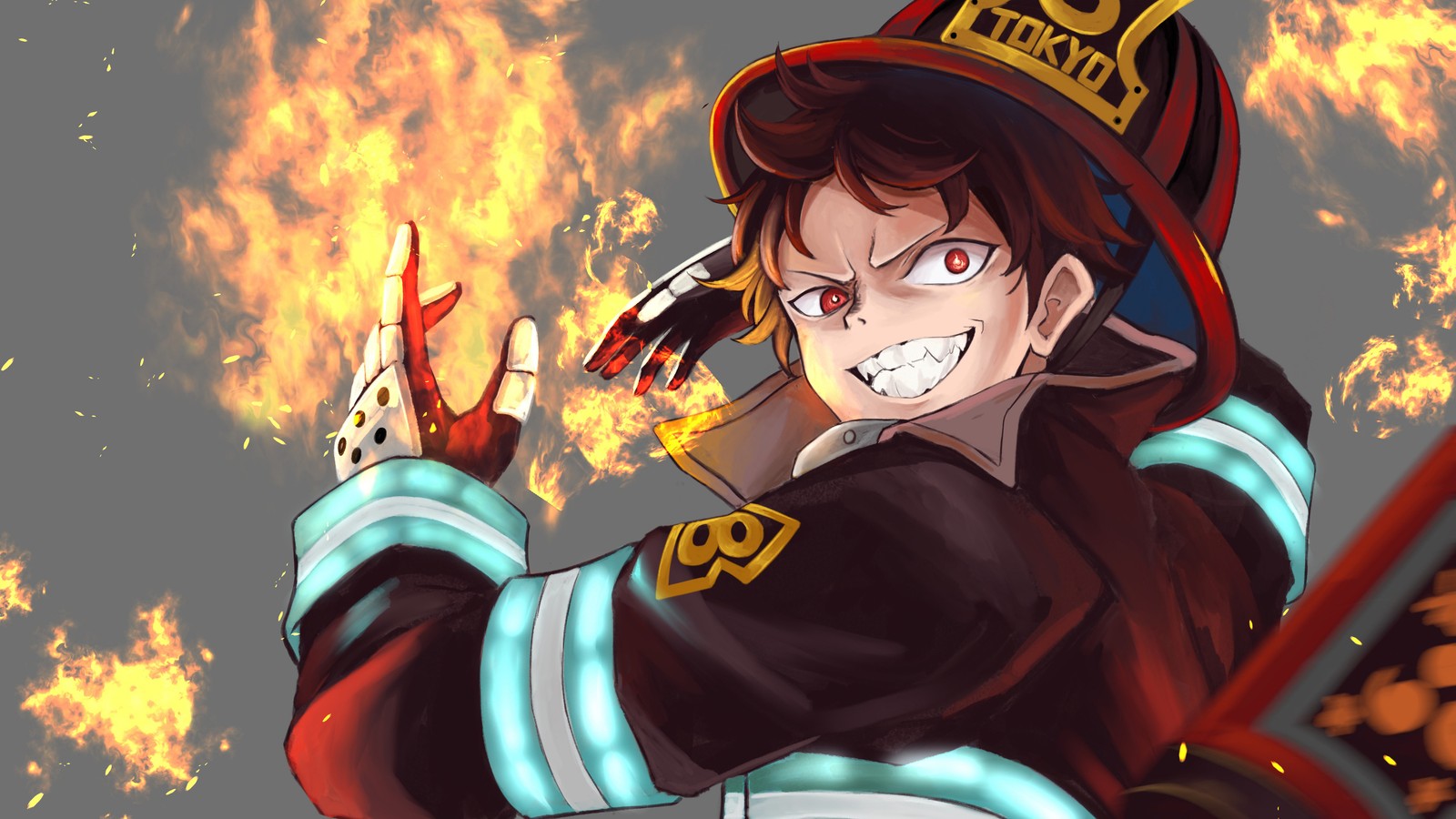 Аниме-пожарный с мечом и огнем на заднем плане (fire force, аниме, anime, огненная бригада, enen no shouboutai)