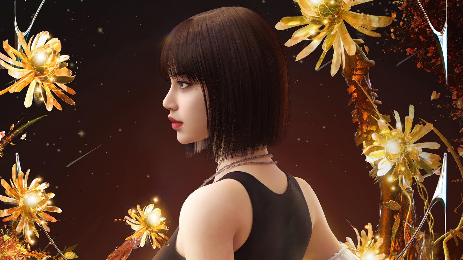 Há uma mulher com uma blusa preta e uma coroa de flores (blackpink, lisa, pronto para o amor, playerunknowns battlegrounds, jogo de vídeo)