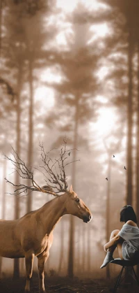 A girl sits peacefully by a majestic horse with branch-like antlers amidst a serene forest.