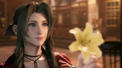 Аэрис Гейнсборо держит желтый цветок в красиво освещенной сцене из Final Fantasy VII Remake.