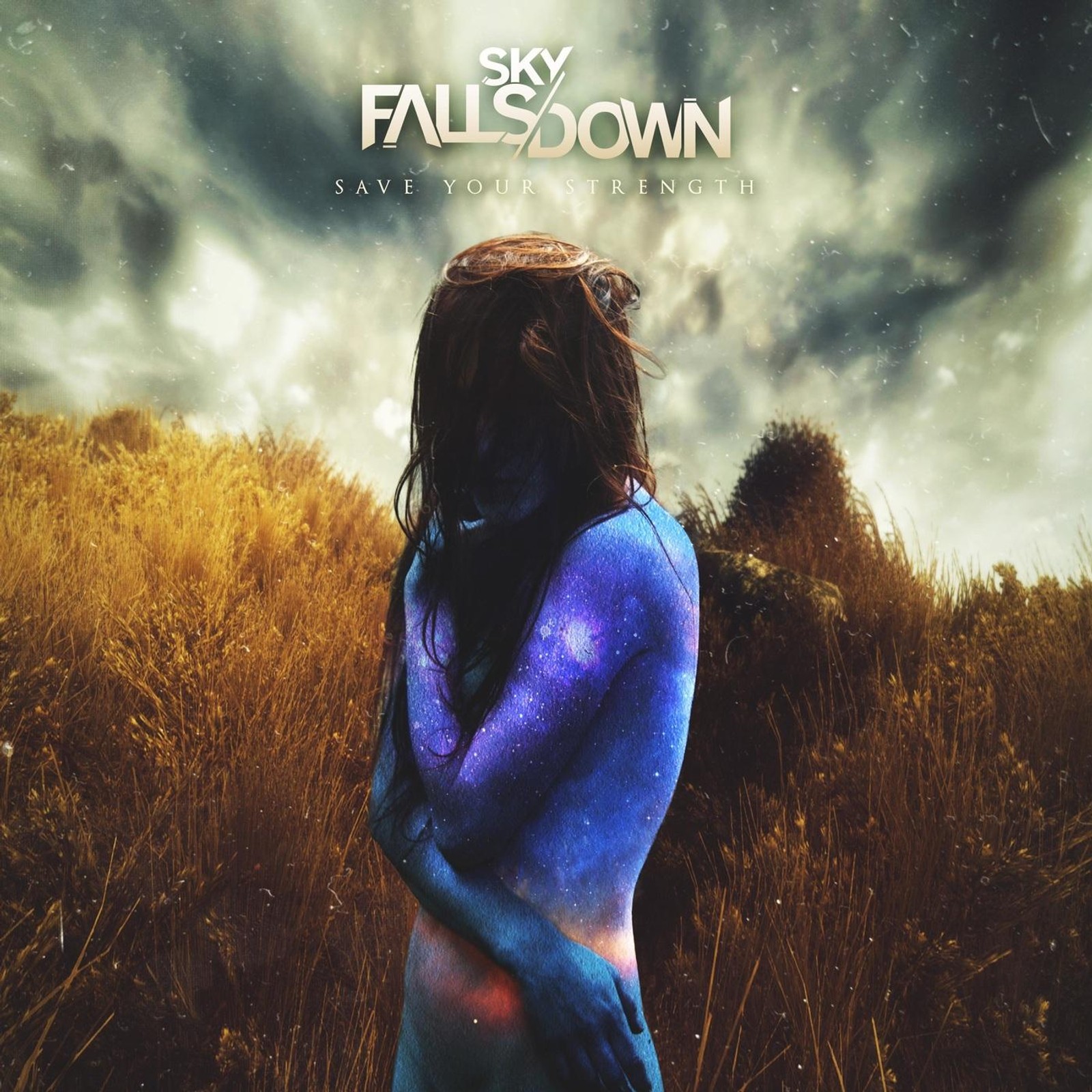 Arafed image of a woman with blue paint on her body (sky, grasses, grass, purple, long hair)