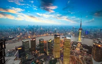 Stunning skyline of Shanghai at dusk, featuring the iconic Jin Mao Tower and a vibrant cityscape reflecting in the river.