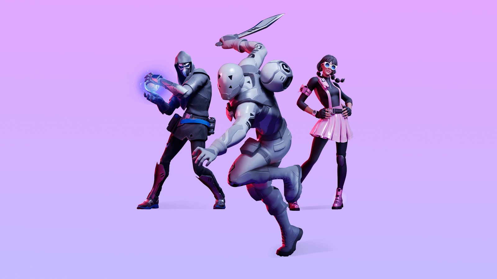 Primer plano de un grupo de personas con un fondo morado (fortnite, capítulo 2 temporada 1, fortnite battle royale, videojuego, pase de batalla)