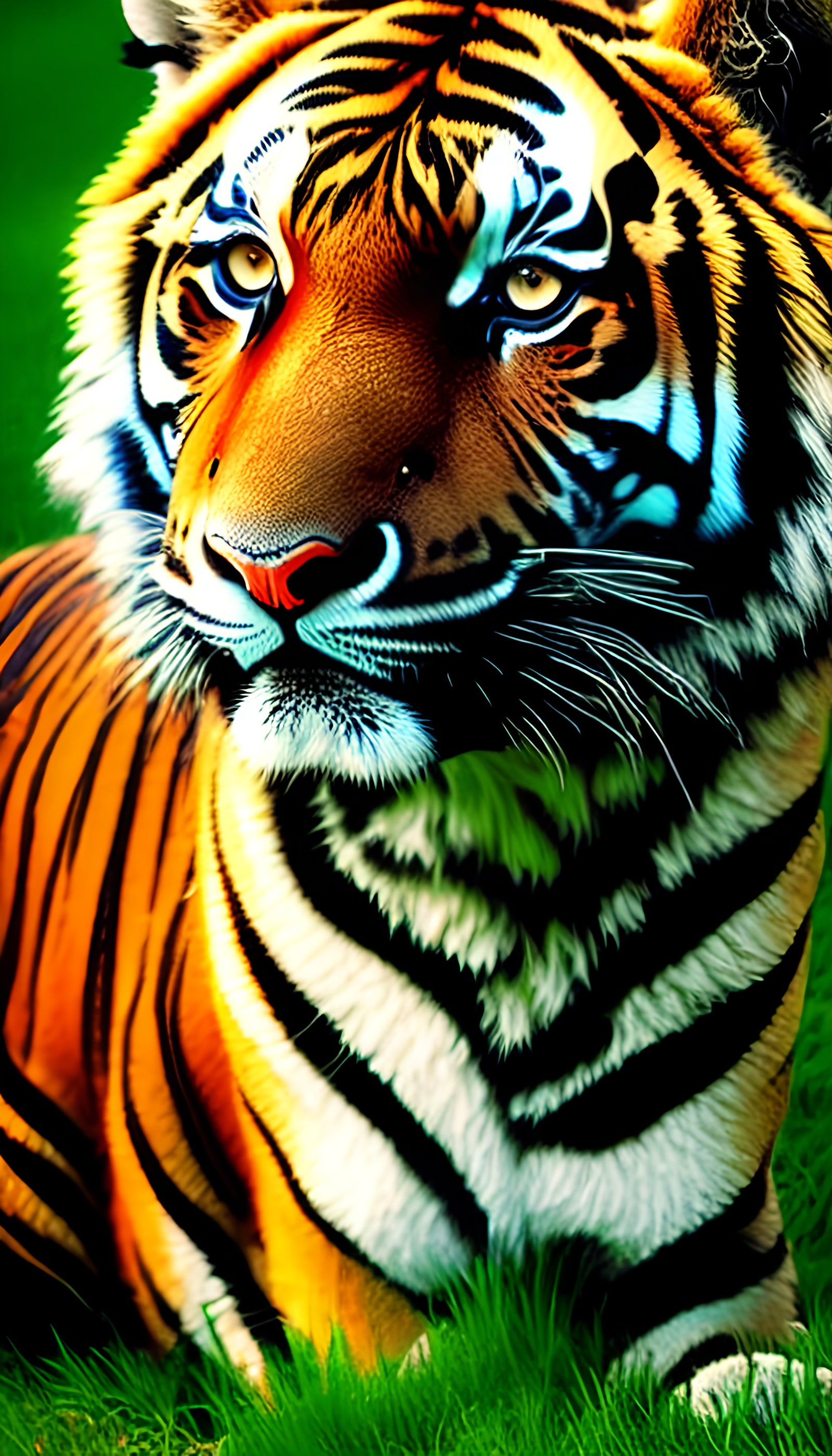 Ein tiger, der im gras mit grünem hintergrund liegt (tiger, felidae, gato, kopf, bengalischer tiger)