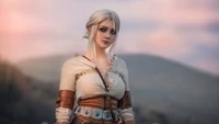 Ciri aus The Witcher 3: Wild Hunt, die Schönheit und Stärke in einer ruhigen, pastellfarbenen Landschaft verkörpert.