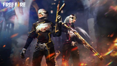 Динамичный дуэт готов к битве в Garena Free Fire, демонстрируя уникальные скины и оружие.