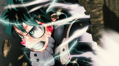 Izuku Midoriya libère son pouvoir dans une explosion dynamique d'énergie, incarnant l'esprit de "One For All" sur un fond dramatique de débris et d'éclairs.