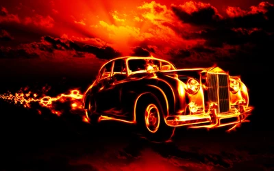 Voiture vintage en mouvement ardent contre un ciel nocturne dramatique