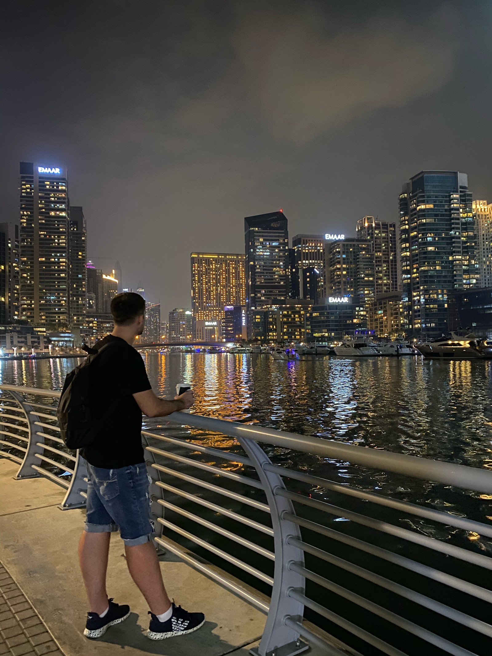 Girafa em pé em uma ponte olhando para o horizonte da cidade (dubai, reflexo, água, arranha céus, bloco de torre)