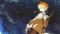 Emma de "The Promised Neverland" mira hacia el abismo estrellado, sosteniendo un arco, simbolizando esperanza y determinación.