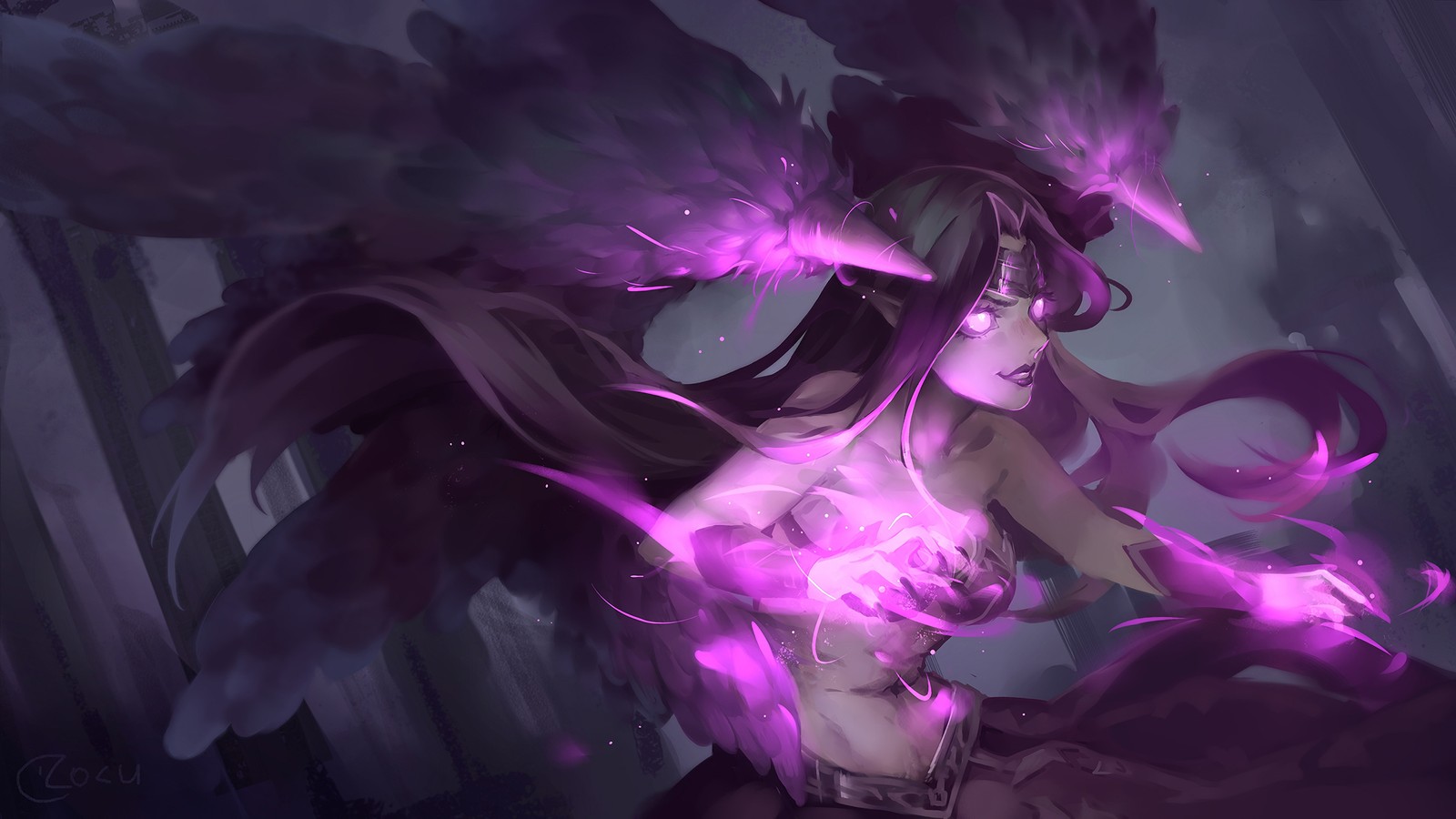 Une femme avec de longs cheveux et des ailes dans une pièce sombre (morgana, lol, league of legends, jeu vidéo)