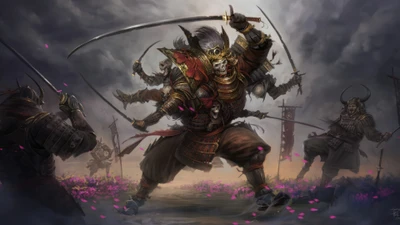 Guerreiro Samurai Esqueleto envolvido em uma batalha épica de fantasia