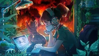 anime, anime girls, laptop, mask, cat