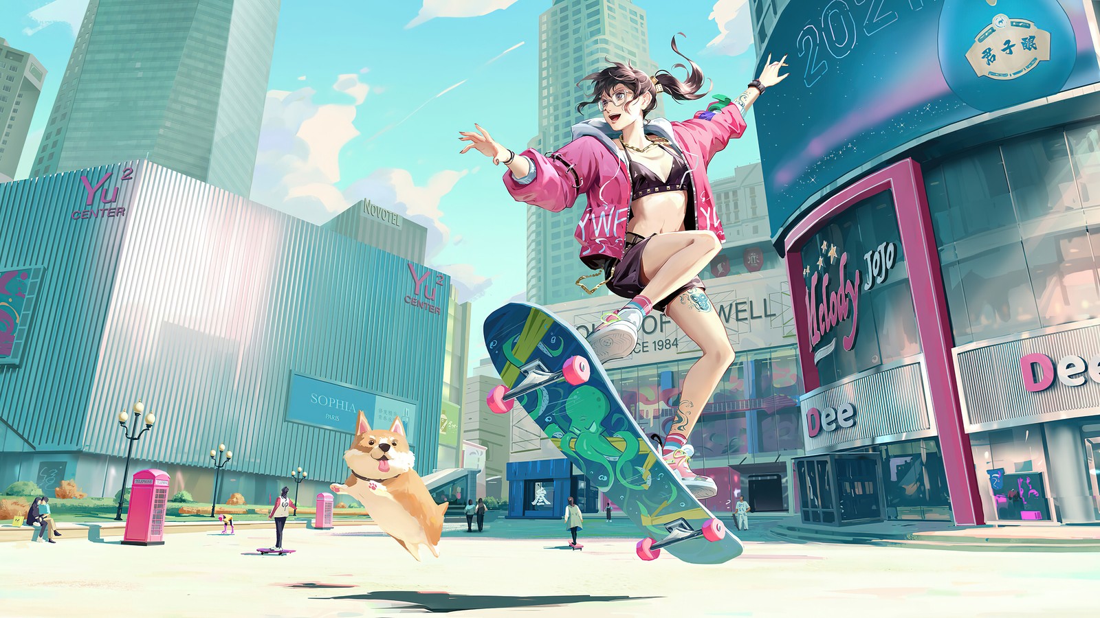 Chica de anime saltando en patineta en medio de una ciudad (patineta, niñas de anime, anime, corgi)