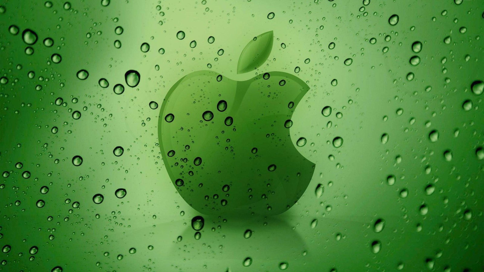 An apple logo on a green background with water droplets (apple, green, water, dew, leaf)