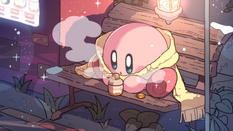 Мультяшный персонаж сидит на скамейке с чашкой кофе (кирби, kirby, видеоигра)