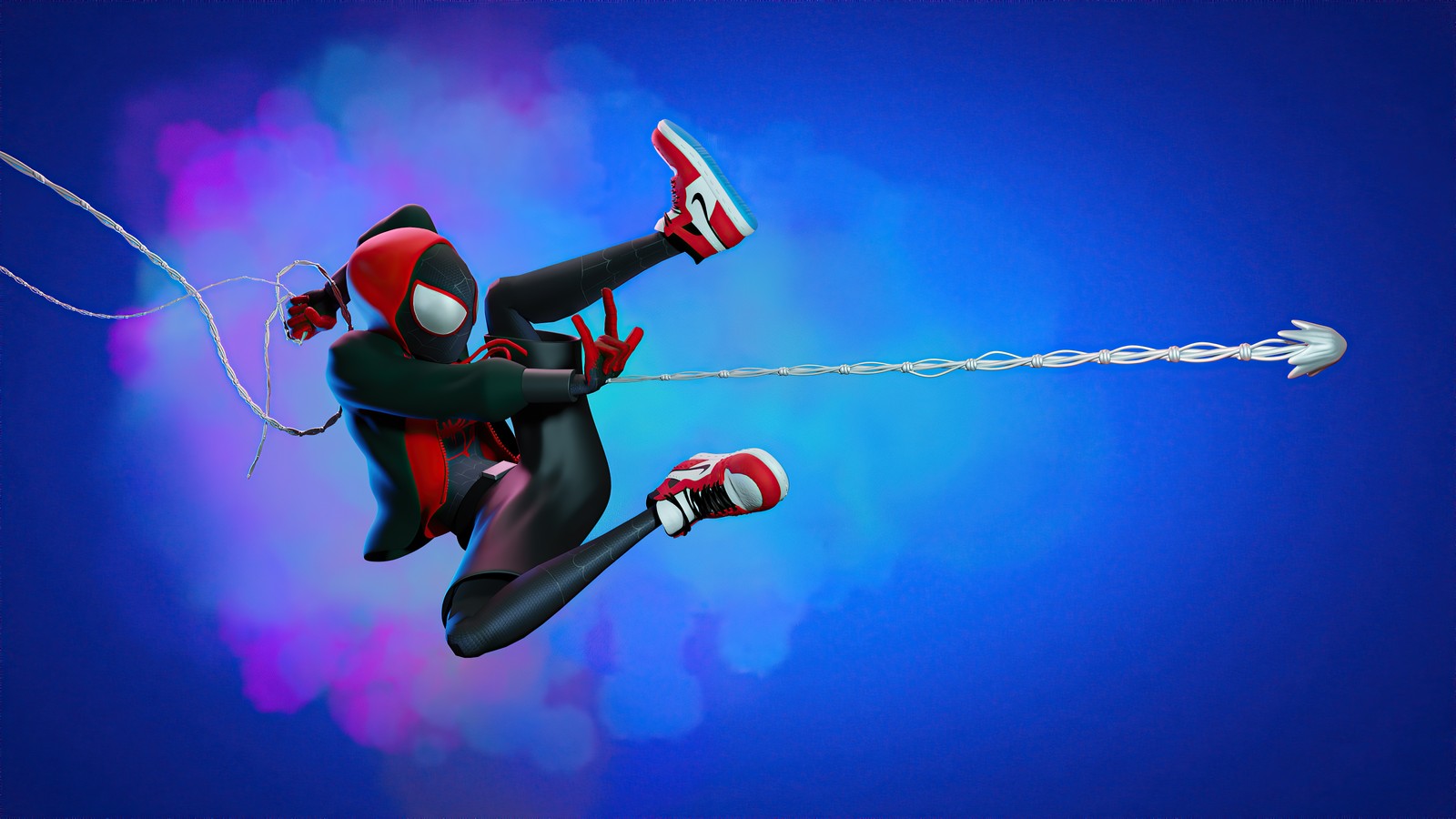 Spider-man en costume noir et chaussures rouges vole dans les airs. (miles morales, spider man, fan art, fond bleu, spiderman)