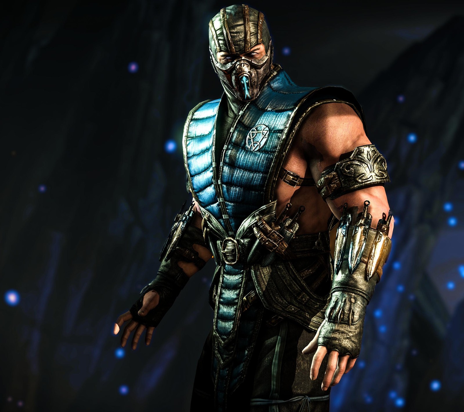 Un primer plano de un hombre con un disfraz y una espada. (juego, mortal kombat, sub zero, subbu)