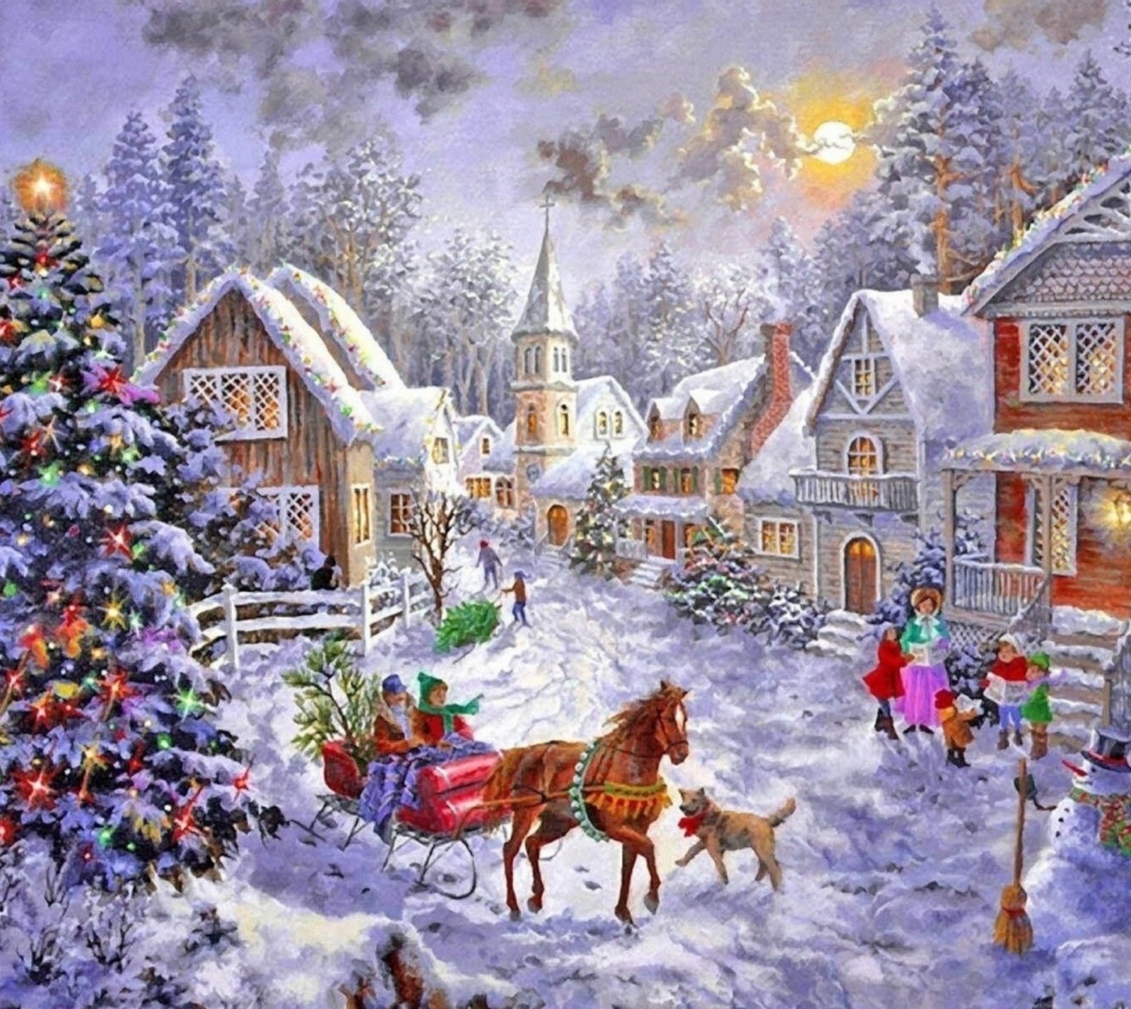 Pintura de una escena de un pueblo navideño con un trineo tirado por caballos (árbol de navidad, frozen, feliz navidad, nieve, invierno)