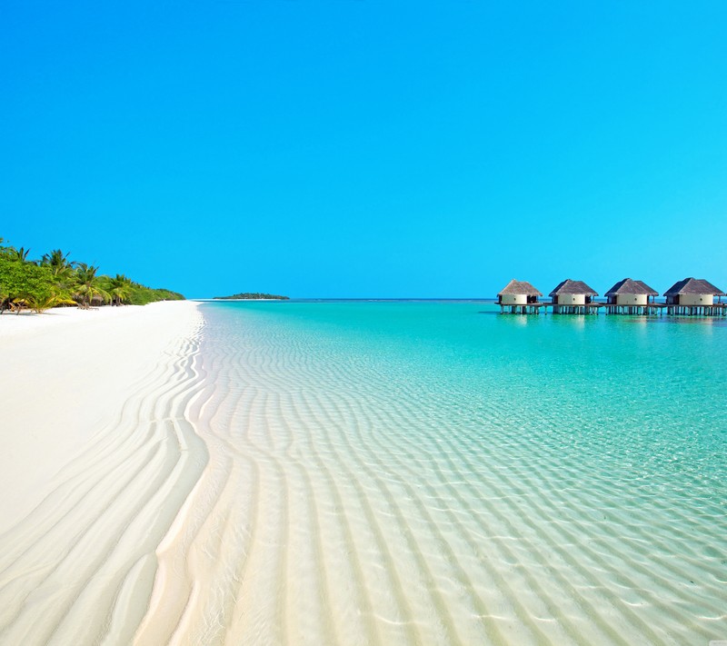 Praia arafed com uma fileira de cabanas na água (azul, legal, verde, casa, novo)