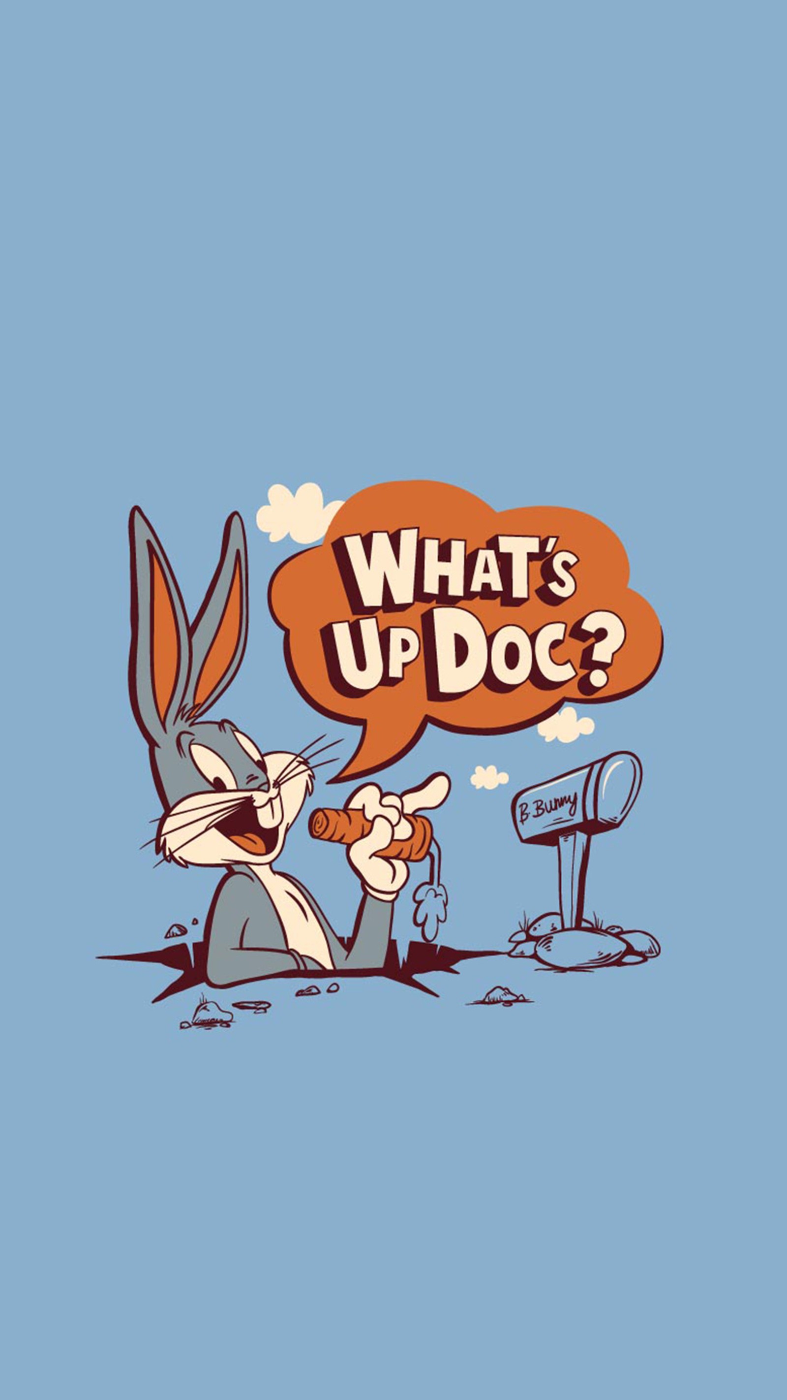 A cartoon rabbit with a speech bubble saying what's up doc? (blue, conejo)