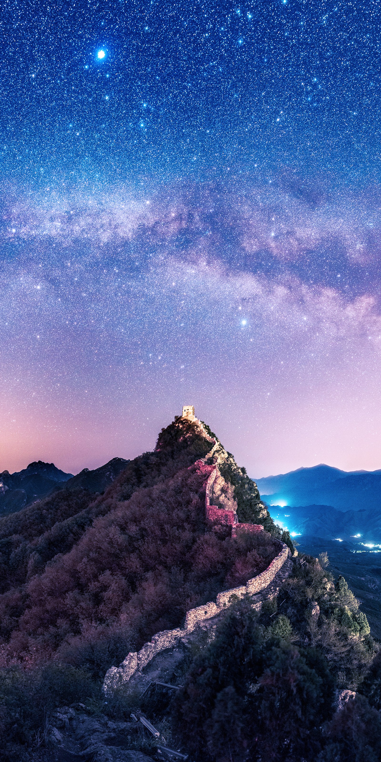 Sternenhimmel über der chinesischen mauer (erstaunlich, galaxie, landschaft, berg, himmel)