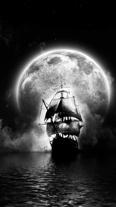 mitternacht, mond, segeln, schiff