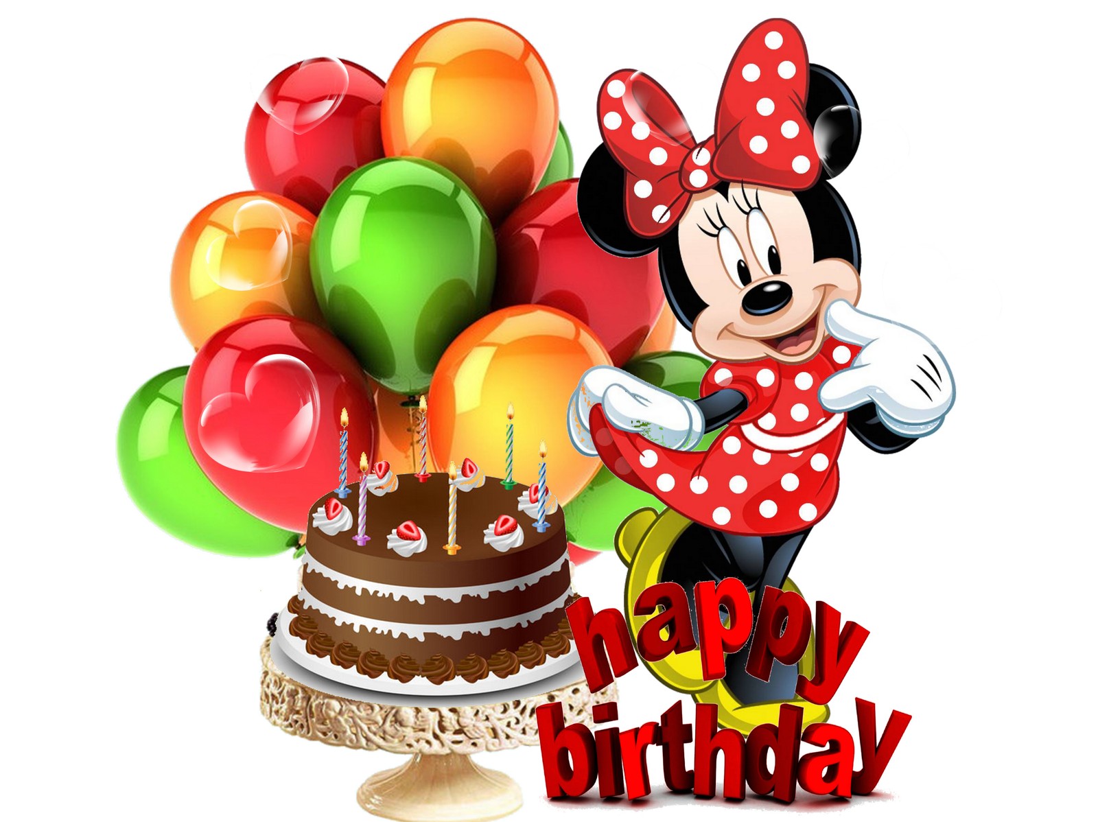 Mickey mouse holding a bunch of balloons and a cake with candles (balloons, cartoons, disney, happy birthday, minnie mouse)