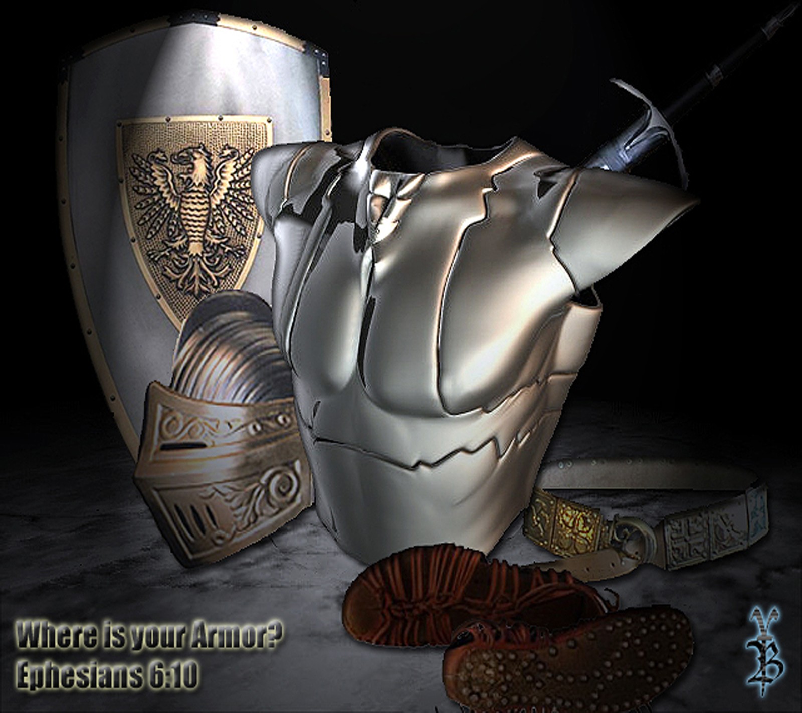 There is a silver helmet with a sword and shield on it (christian, god)