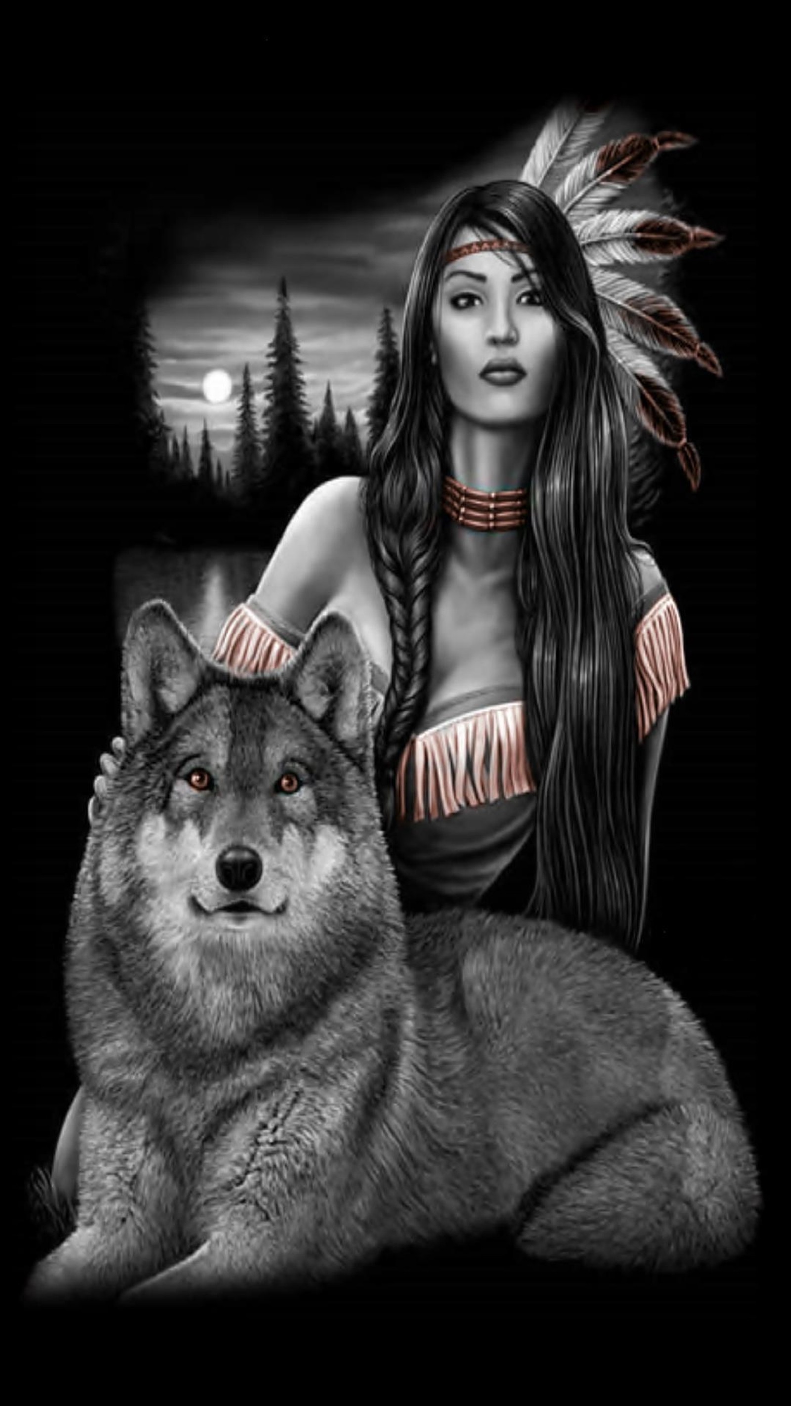 A black and white photo of a woman and a wolf (native american, wolf)