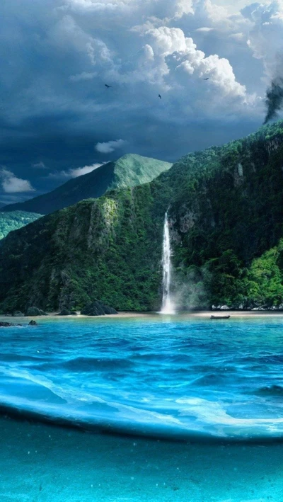 Aguas azules serenas bajo majestuosas montañas y cascadas