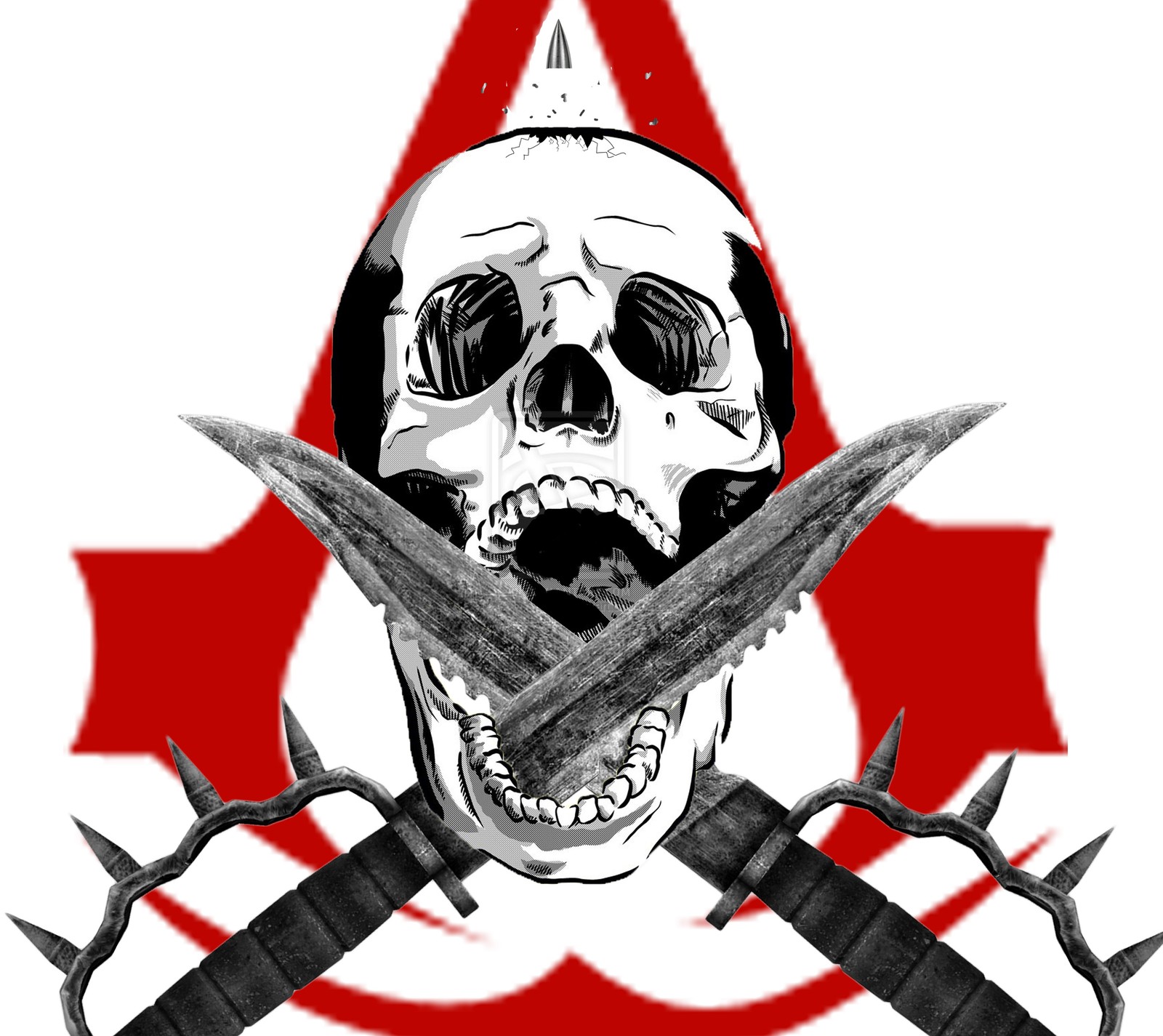 A close up of a skull with two swords in front of a red star (assassin, creed, order)