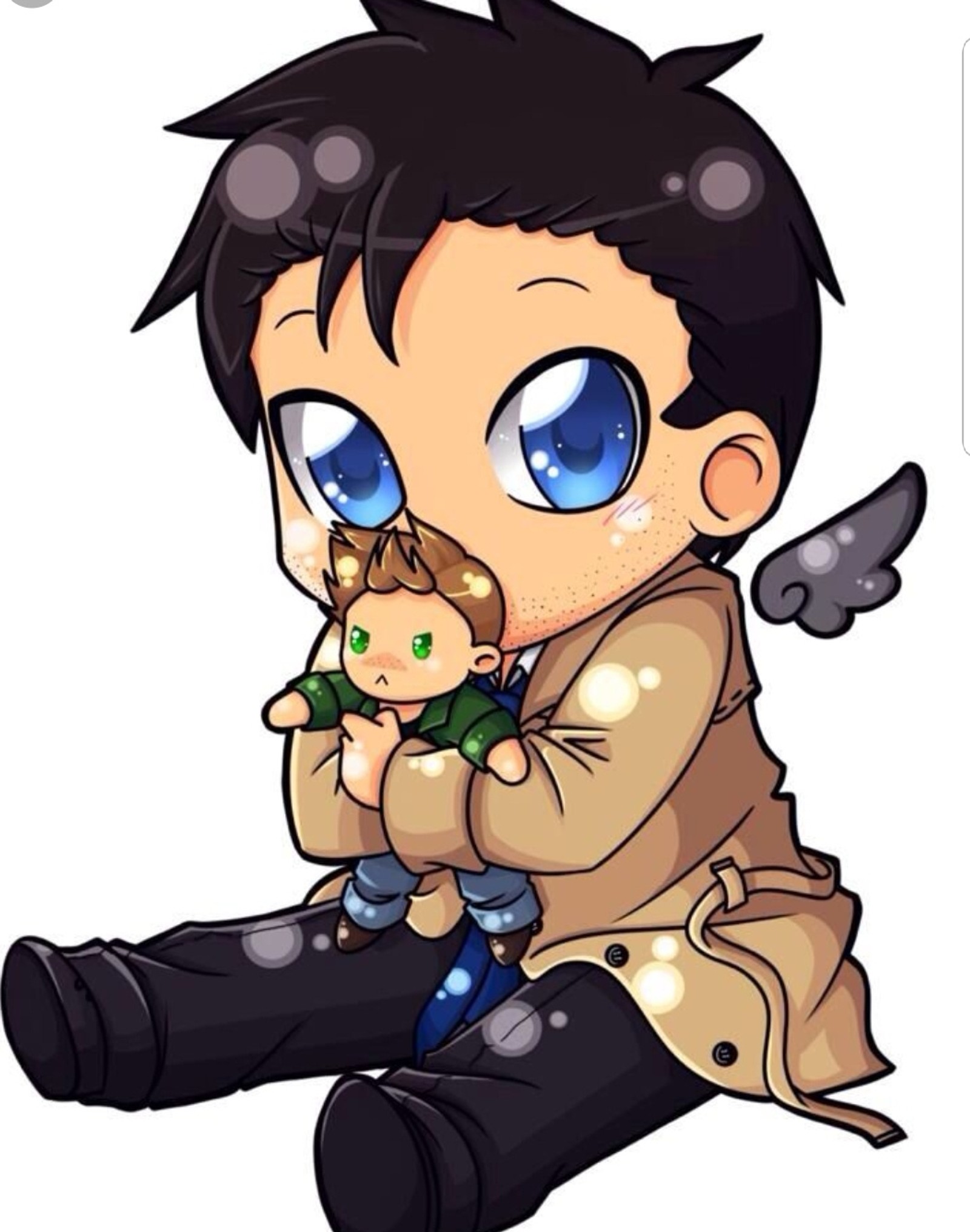 Menino chibi com uma boneca ao lado do - pequeno - menino - que - está - segurando (castiel, dean, sam)