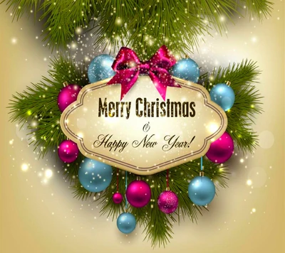 Merry Christmas and Happy New Year with Festive Ornaments and Greenery