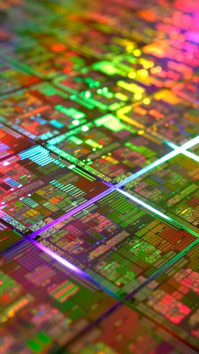 Bunte Halbleiterwafer, die komplexe Mikrochip-Schaltungen und Muster zeigen.