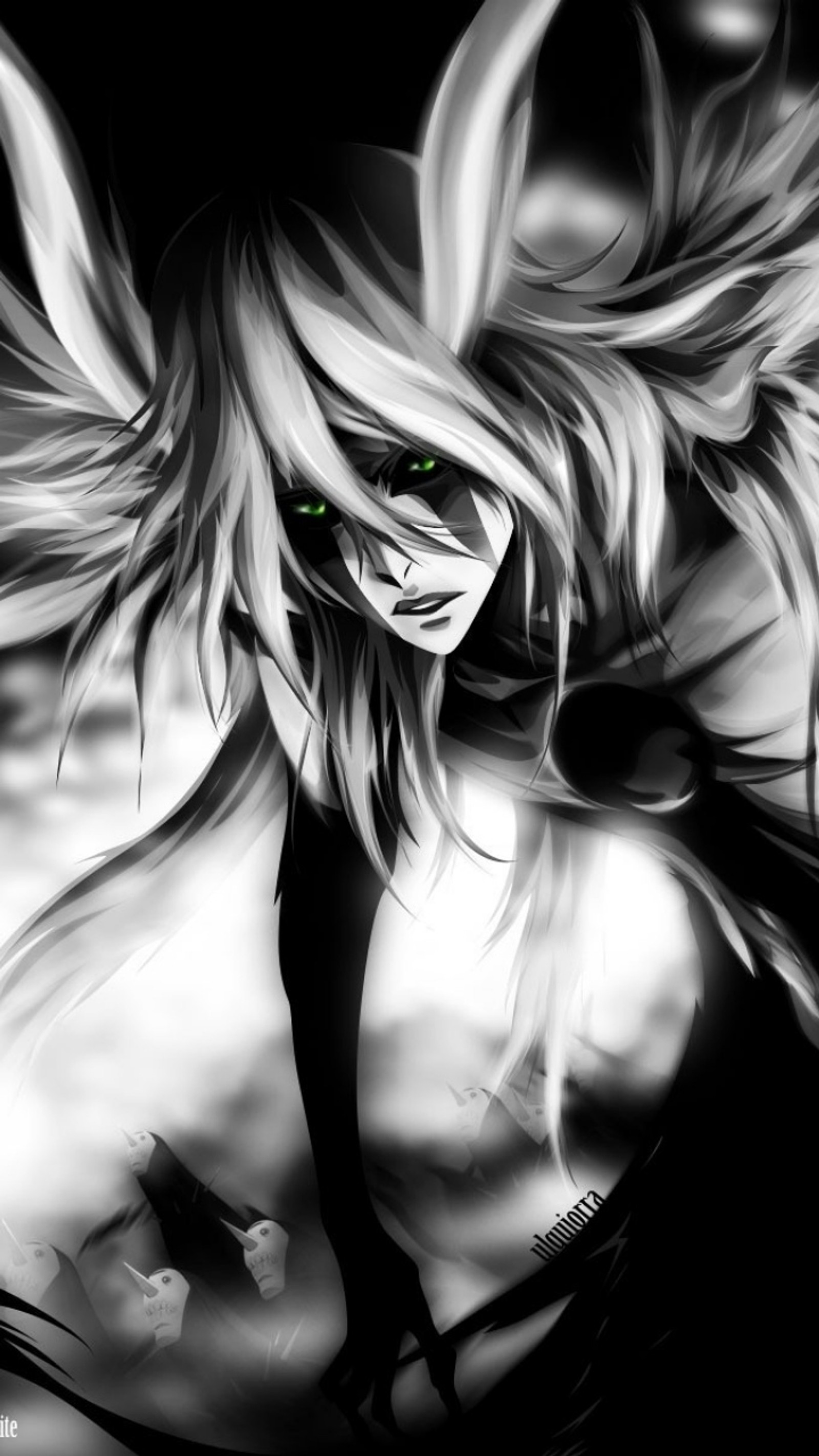 Fille anime avec des yeux verts et de longs cheveux en noir et blanc (bleach, ulquiorra)