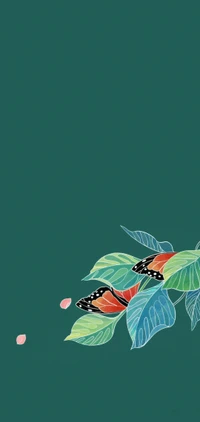 Artistic depiction of butterflies resting on vibrant foliage against a deep green background.