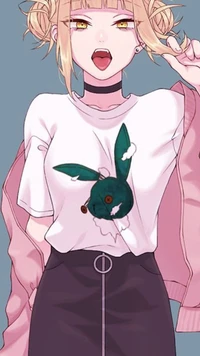 Toga de Boku no Hero Academia dans une tenue élégante avec un graphique de lapin ludique.