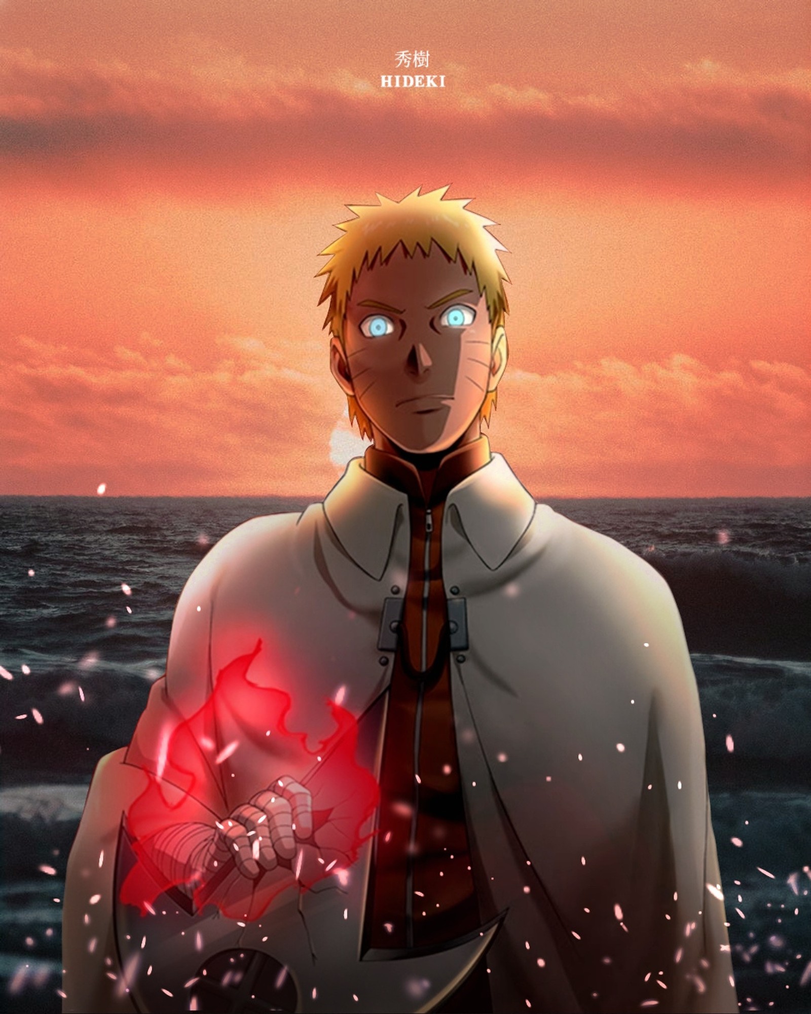 Un personnage d'anime aux yeux brillants se tenant devant un plan d'eau (naruto, uzumaki)